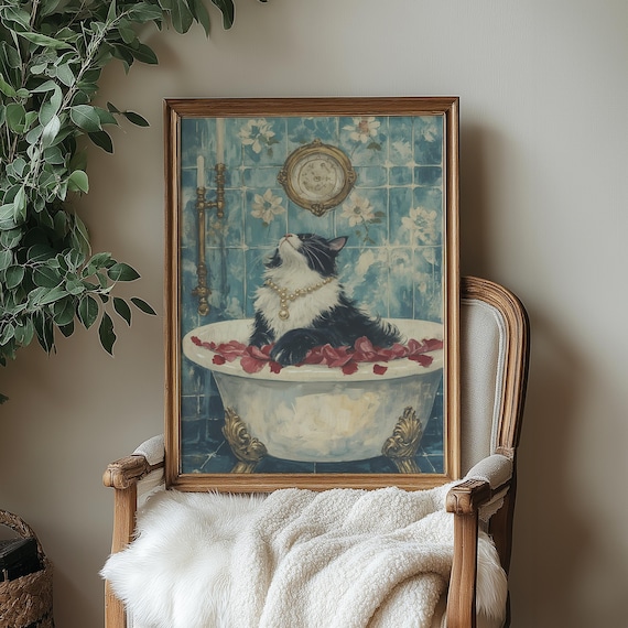 Elegant Cat Bathtub Rose Petals Vintage Funny Bathroom Poster