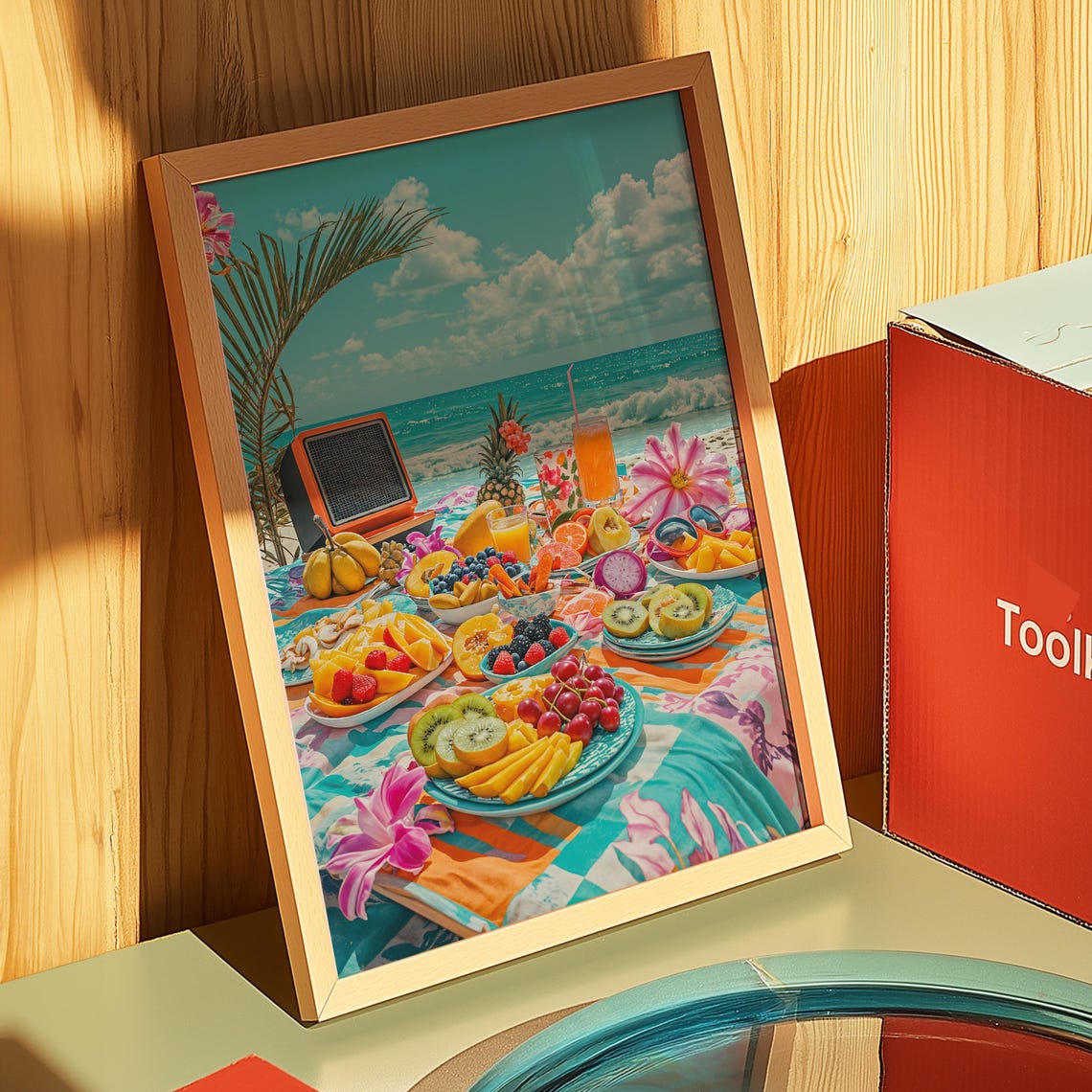 Tropical Beach Picnic Fruit Feast Retro Boombox Summer Art Poster - Image 3