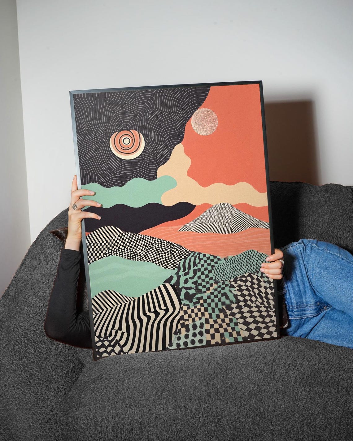 Abstract Patterned Hills Terracotta Sun Boho Landscape Poster