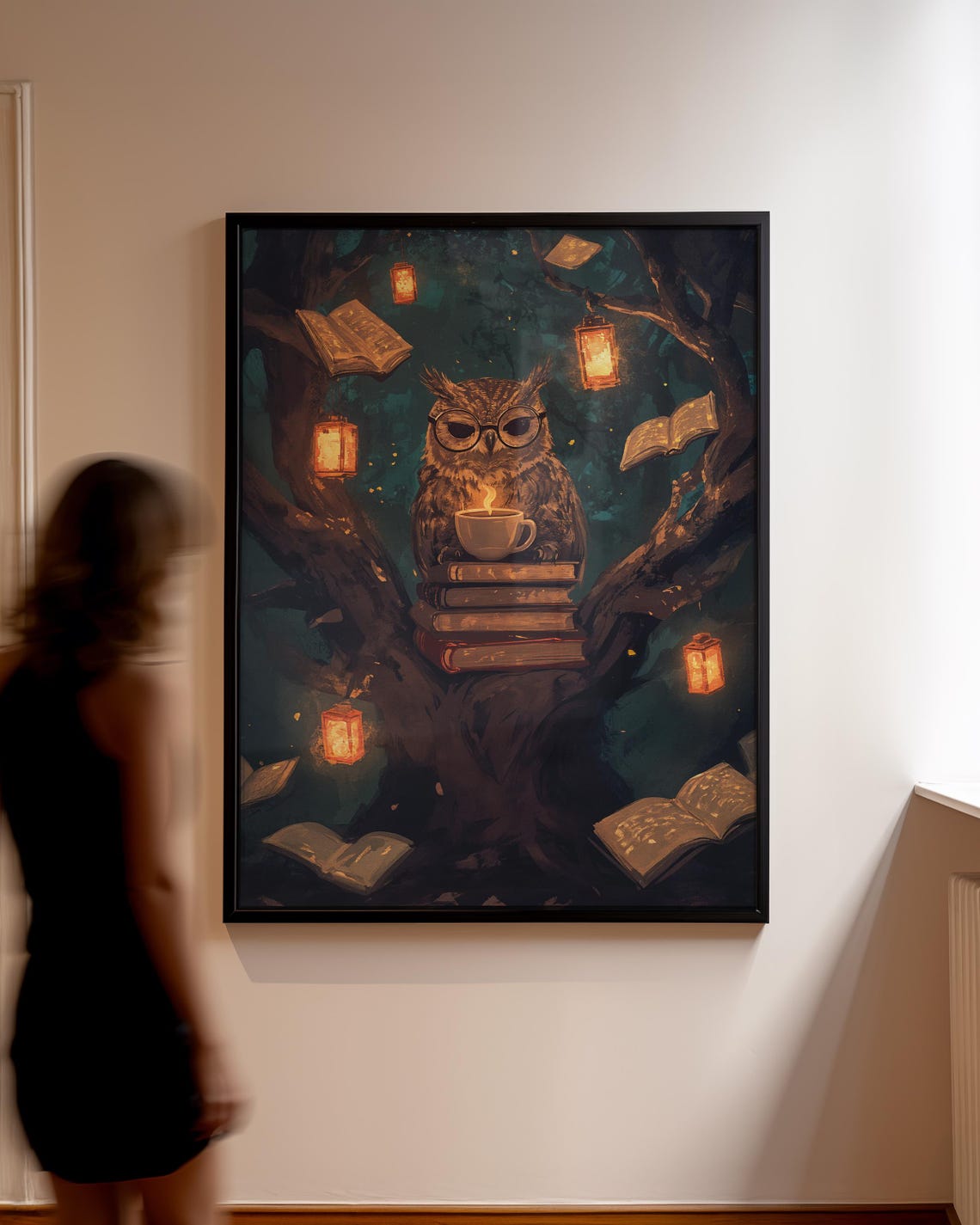 Wise Owl with Glasses Reading Books Among Glowing Lanterns Poster - Image 5
