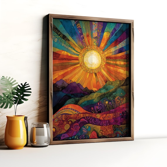 Boho Sun Art Print, Colorful Sunset Mountains