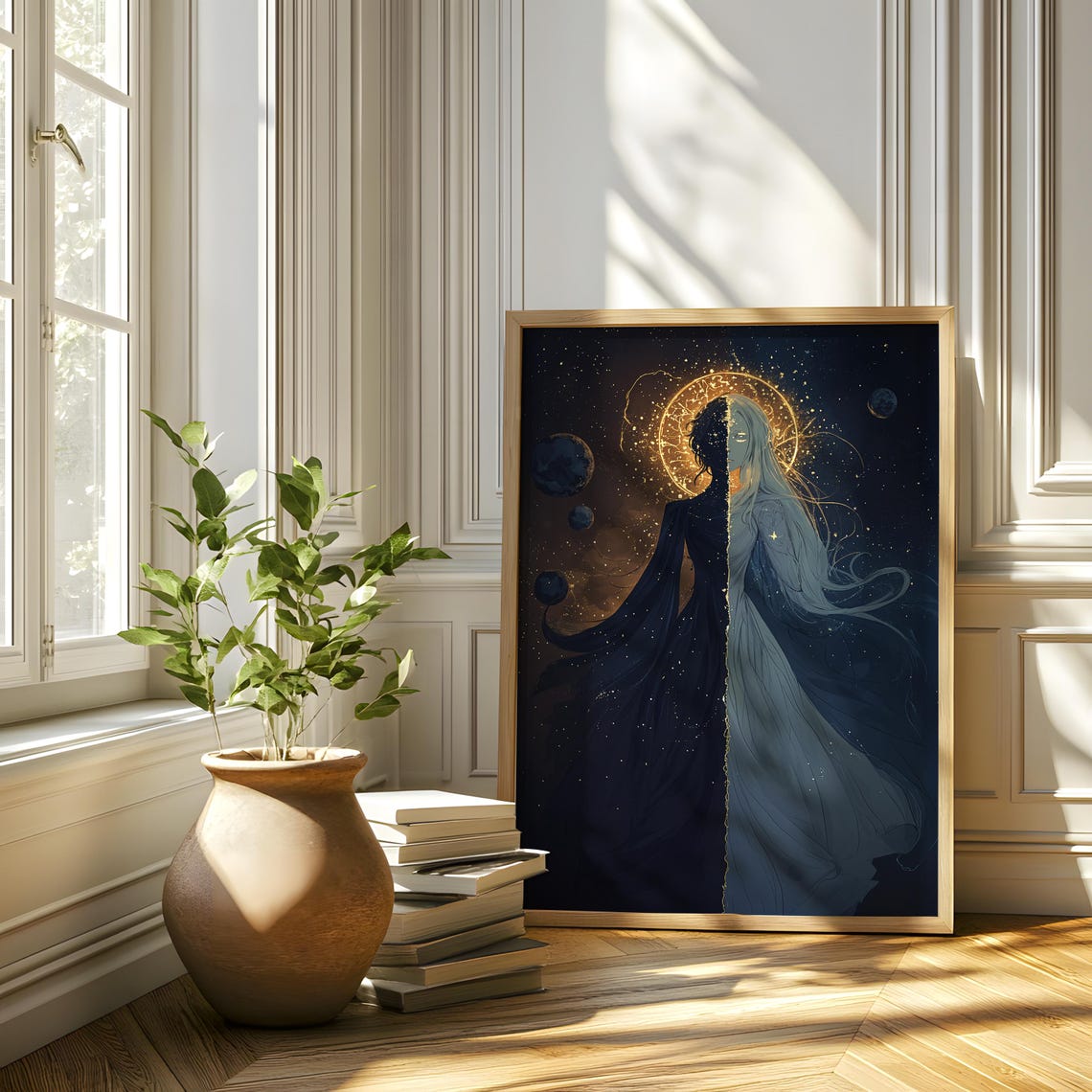 Celestial Goddess Gold Halo Dark Blue Cosmic Portrait Poster - Image 4