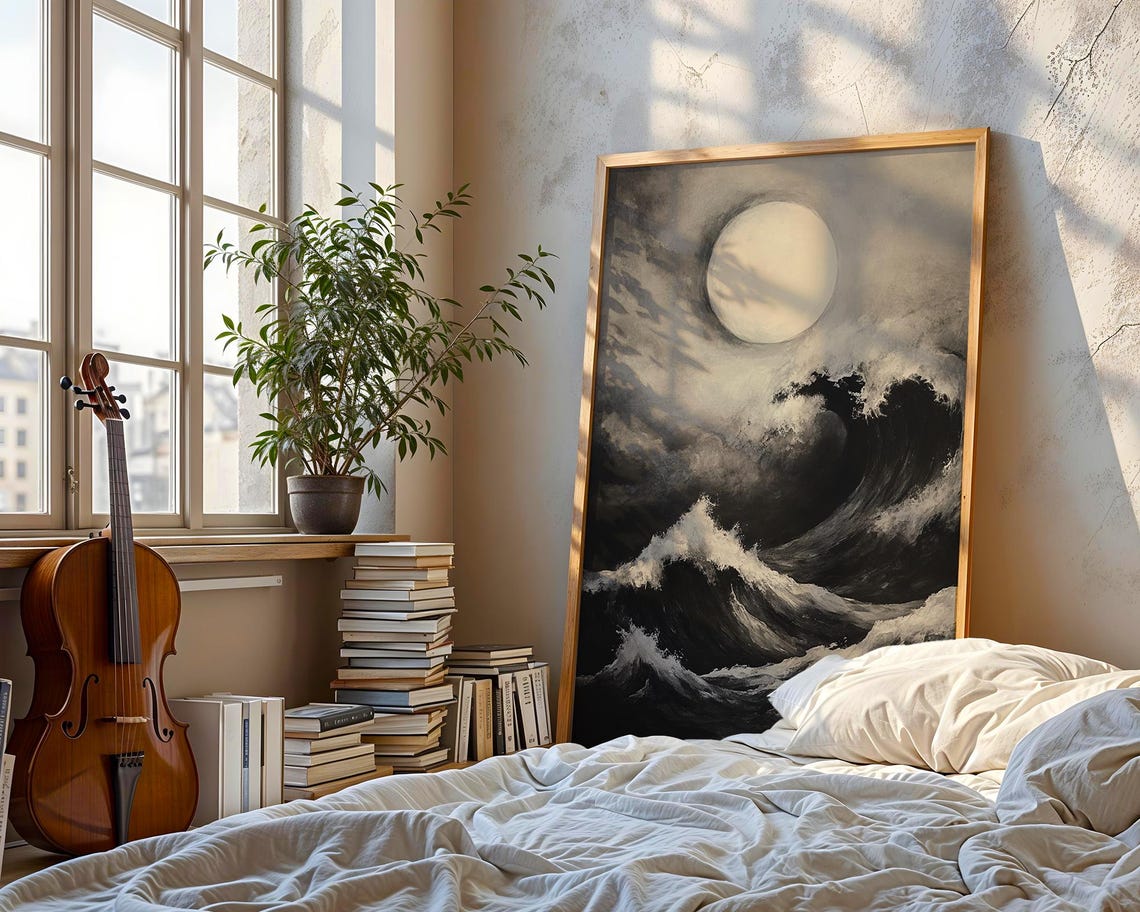 Dramatic Moonlit Ocean Waves Black and White Coastal Art Poster - Image 3
