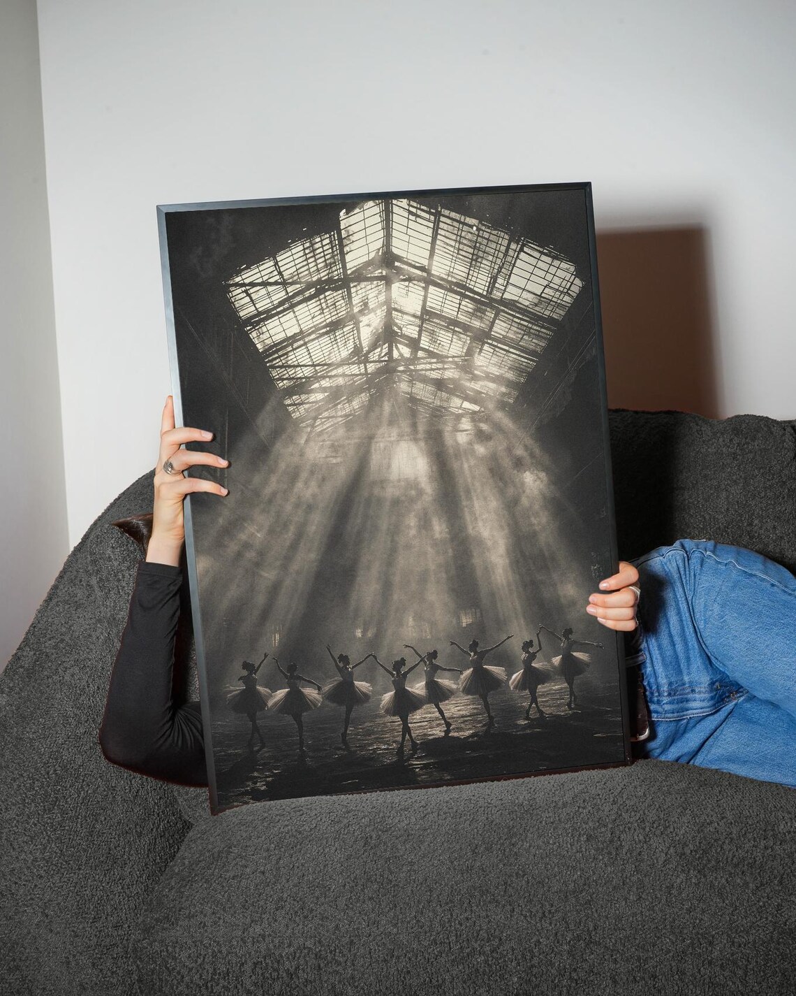 Ballet Dancers Silhouetted in Sunbeams Inside an Industrial Loft Poster