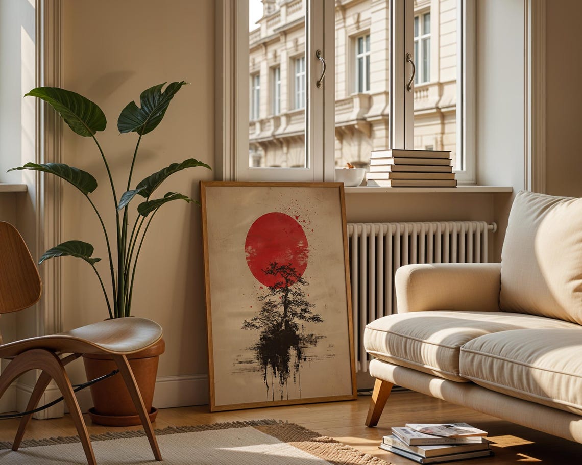Japanese Sun Art Print, Bonsai Tree Zen Ink Wash - Image 2