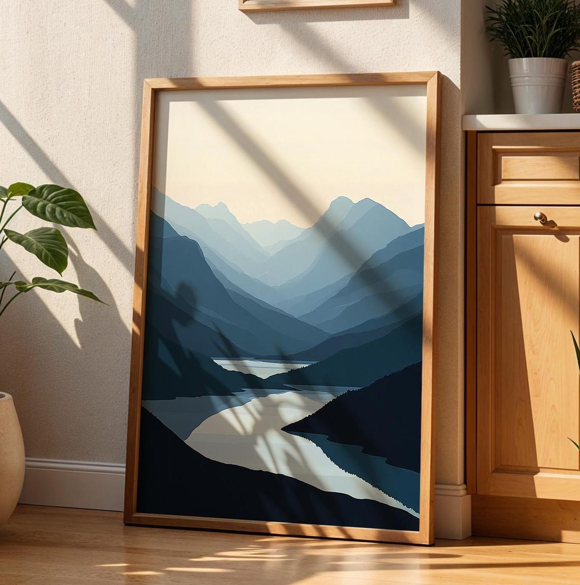 Layered Blue Mountain Ranges with Winding River Valley Art Poster