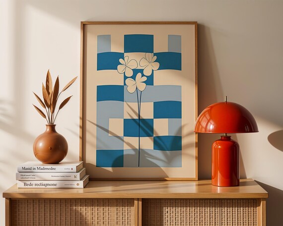 Checkerboard Floral Art Print Modern Minimalist Flower Poster Abstract Botanical Wall Geometric Home Decor