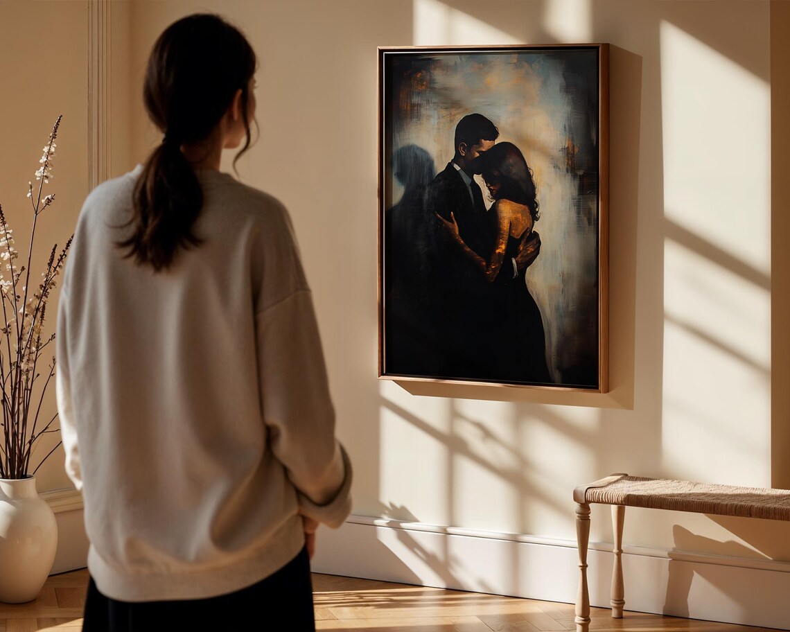 Romantic Couple Embrace Moody Painterly Dark Love Wall Poster - Image 4