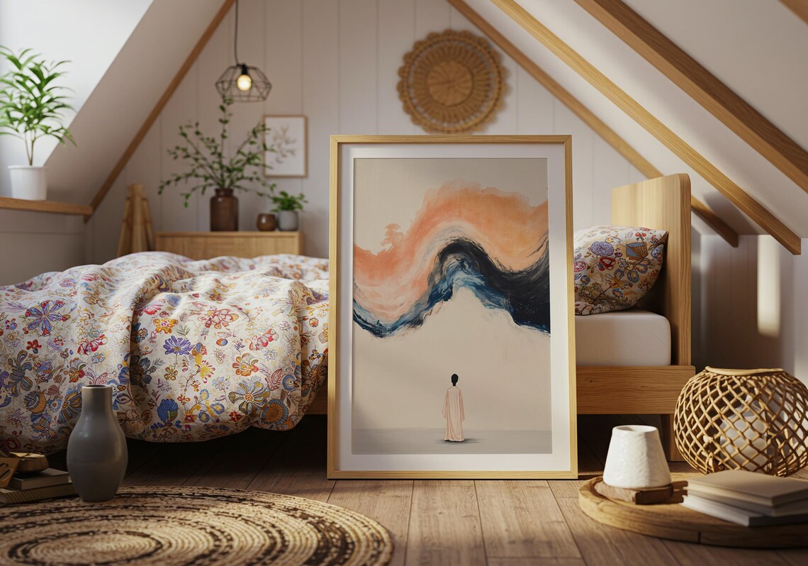 Minimalist Dreamscape Figure Before Peach Wave Quiet Contemplative Wall Art - Image 4