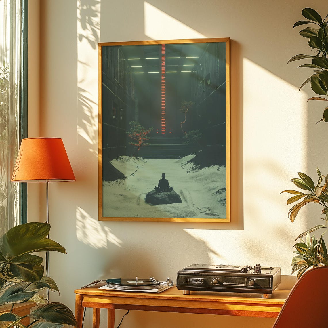 Meditating Figure Urban Zen Alley Neon Red Light Calm Mindful Poster - Image 4