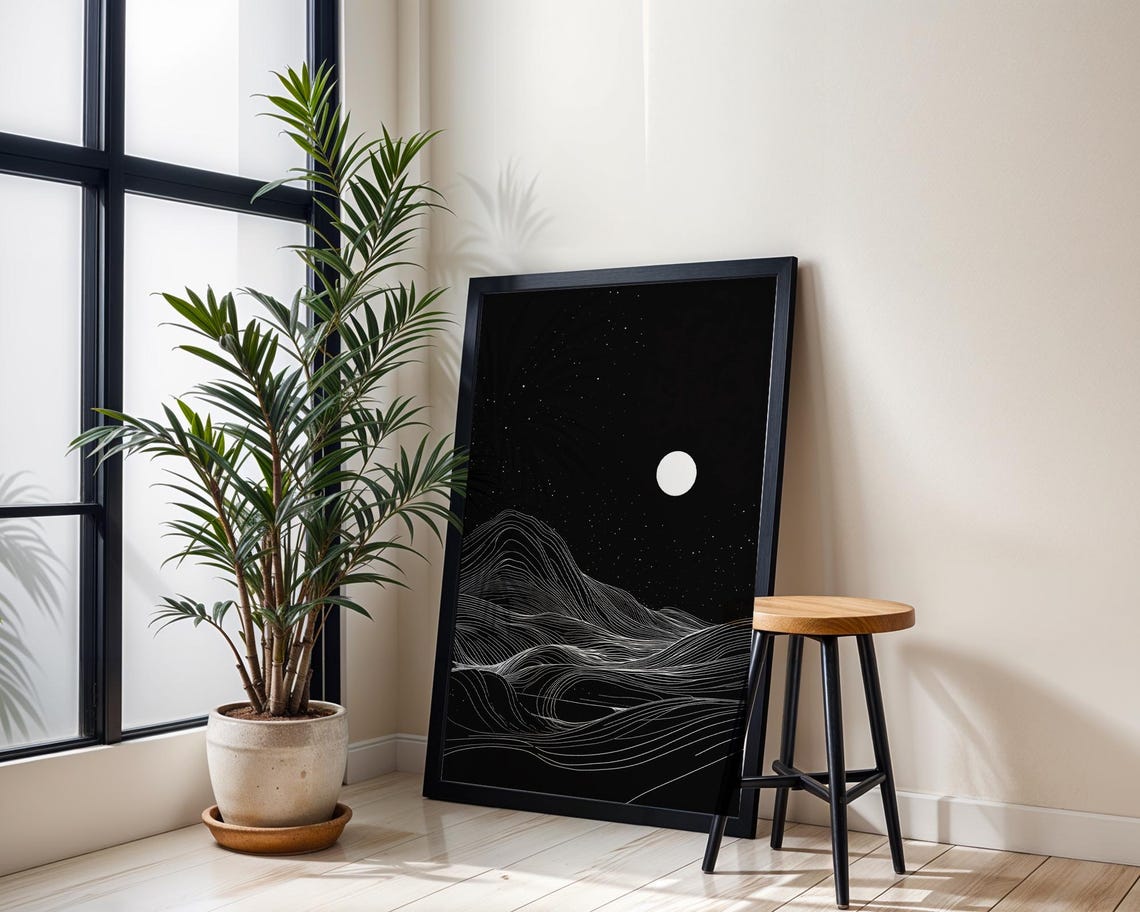 Moon Night White Line Mountains Minimalist Black Wall Poster - Image 3
