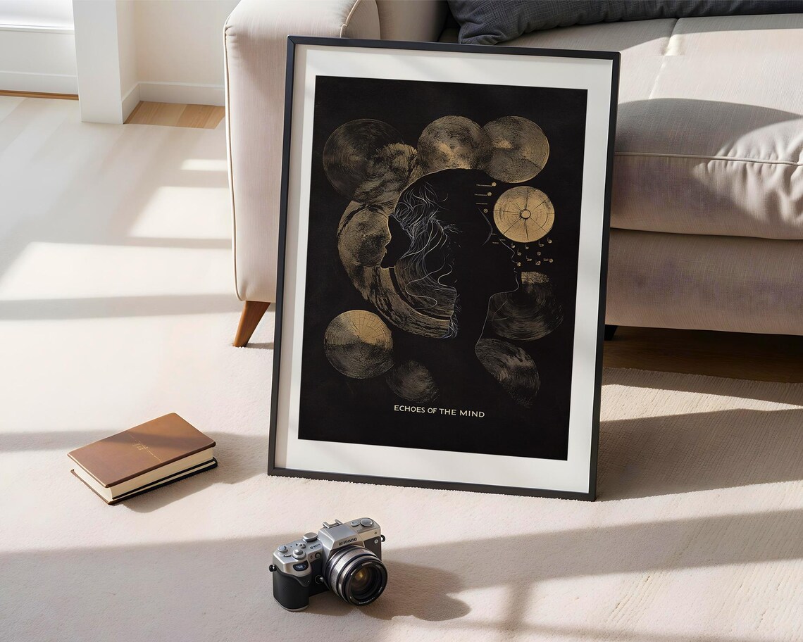 Echoes of the Mind Gold Black Cosmic Thought Surreal Art Poster - Image 4
