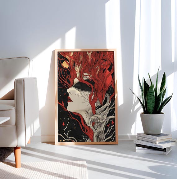Blind Vision Art Print Surreal Woman Nature Gothic Red And Black Wall Decor