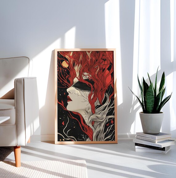 Surreal Woman Red Branch Hair Closed Eyes Gothic Portrait Art Poster