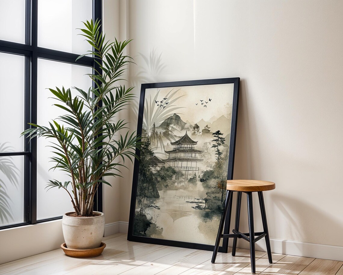 Japanese Pagoda Misty Mountain Ink Wash Temple Landscape Poster - Image 5