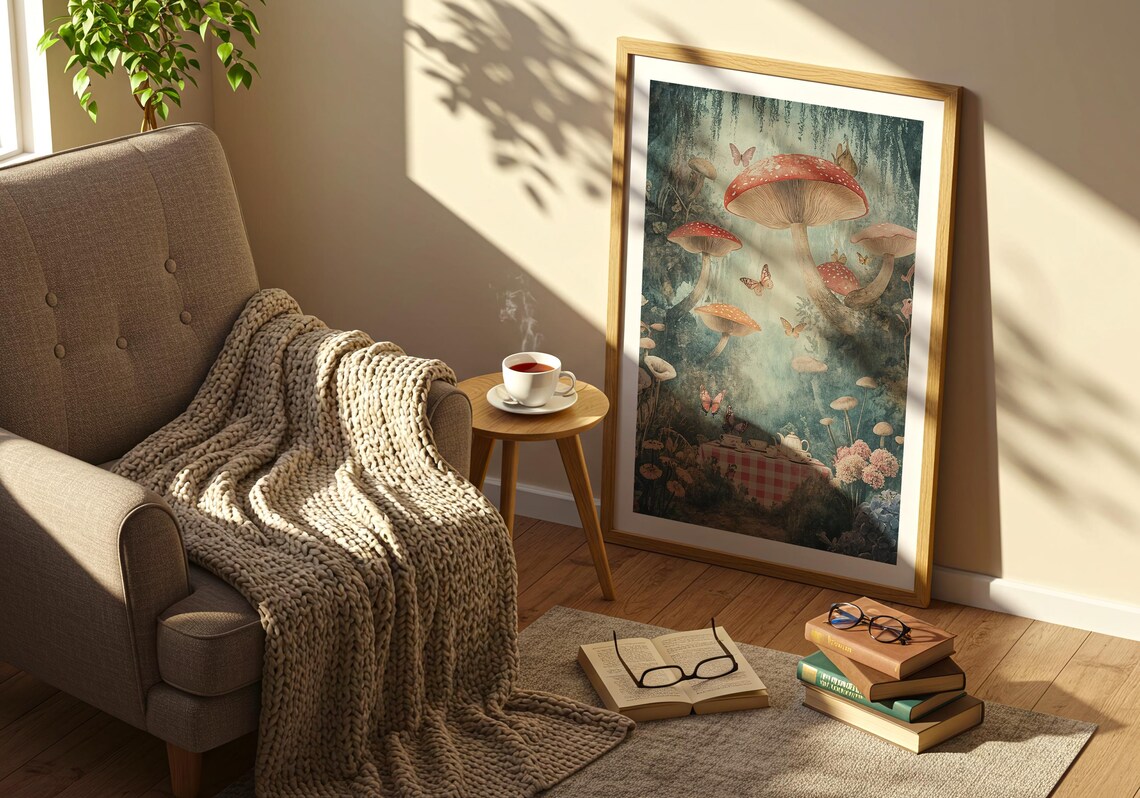 Whimsical Red Mushroom Forest Tea Party Fairy Tale Art Poster - Image 3