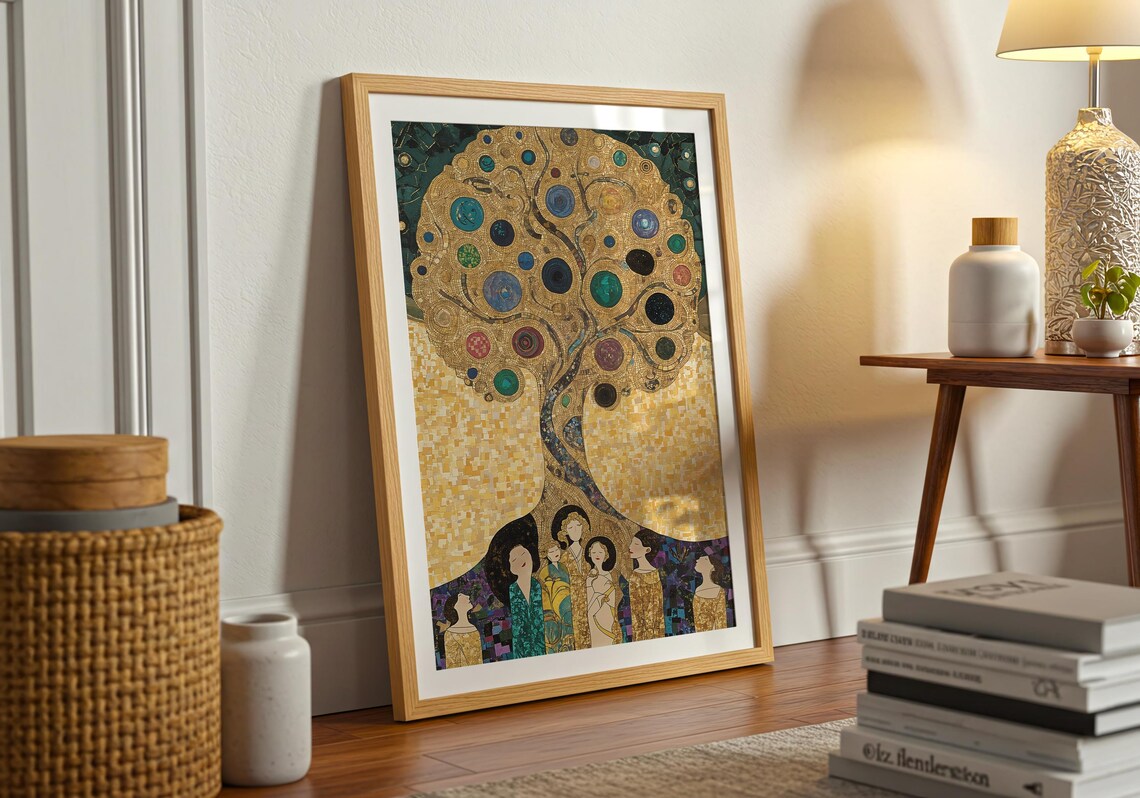 Klimt Inspired Golden Mosaic Tree of Life With Elegant Women Luxury Wall Art - Image 2