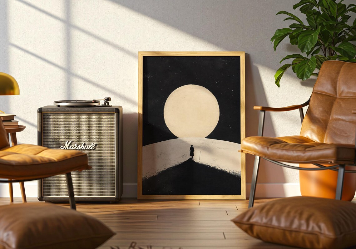 Lone Traveler Giant Moon Night Minimalist Snowy Hill Silhouette Poster - Image 5