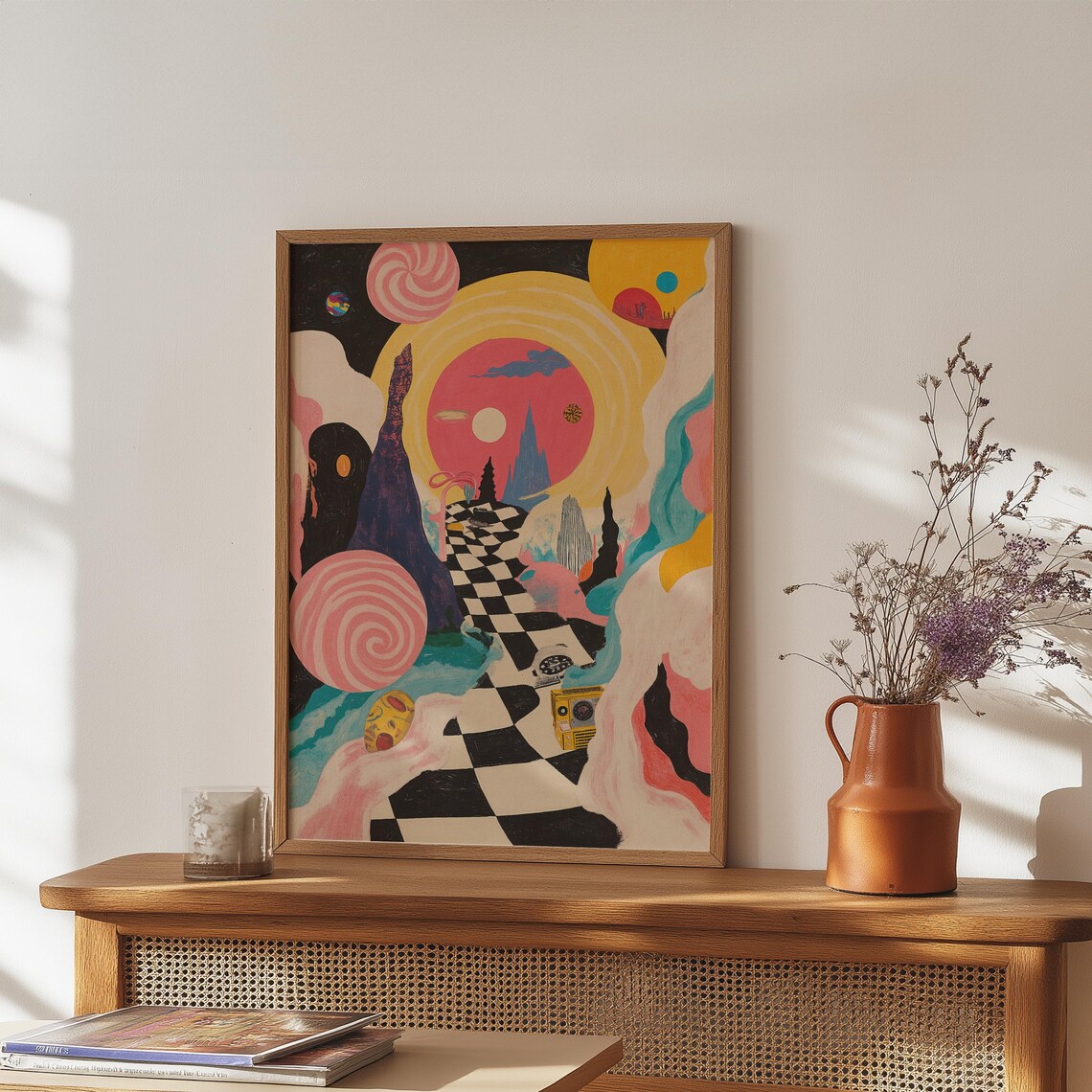 Candy Planet Checkered Road Swirling Pink Sun Psychedelic Dreamland Wall Art - Image 5