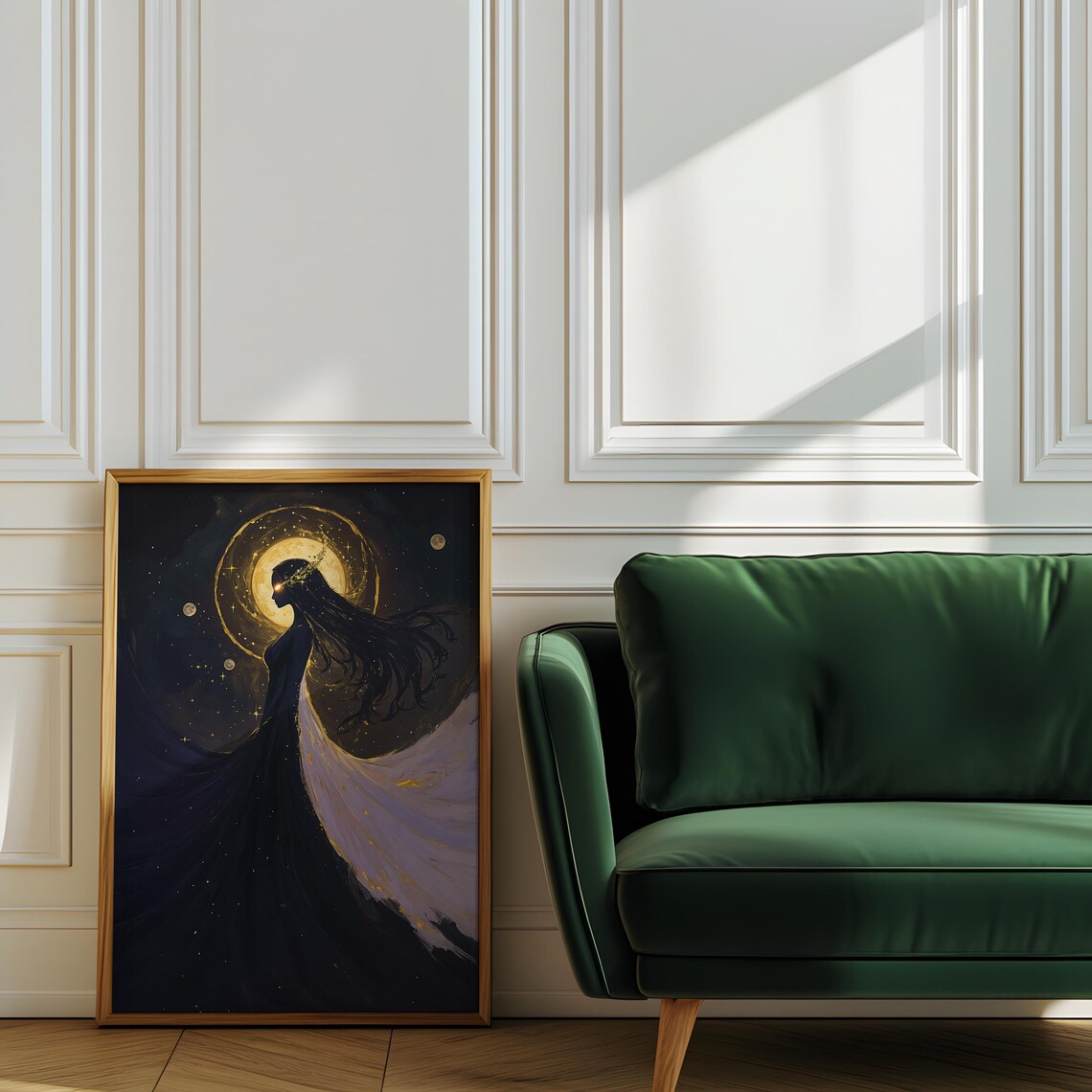 Celestial Golden Moon Halo Woman Starry Night Fantasy Art Poster - Image 2