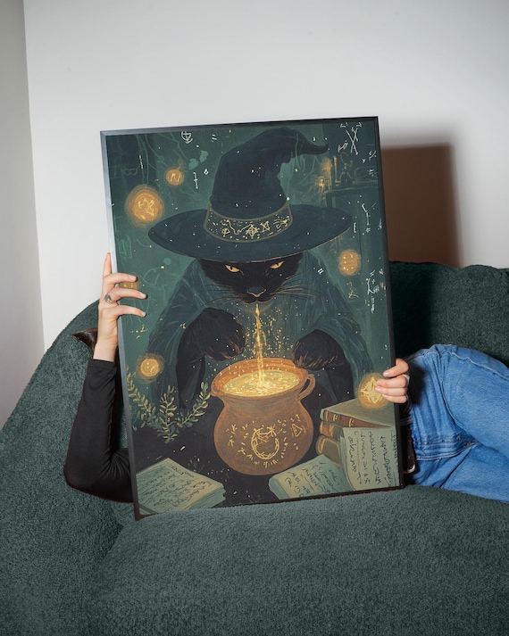 Witch Cat Art Print Magical Black Cauldron Enchanted Fantasy Spell Poster