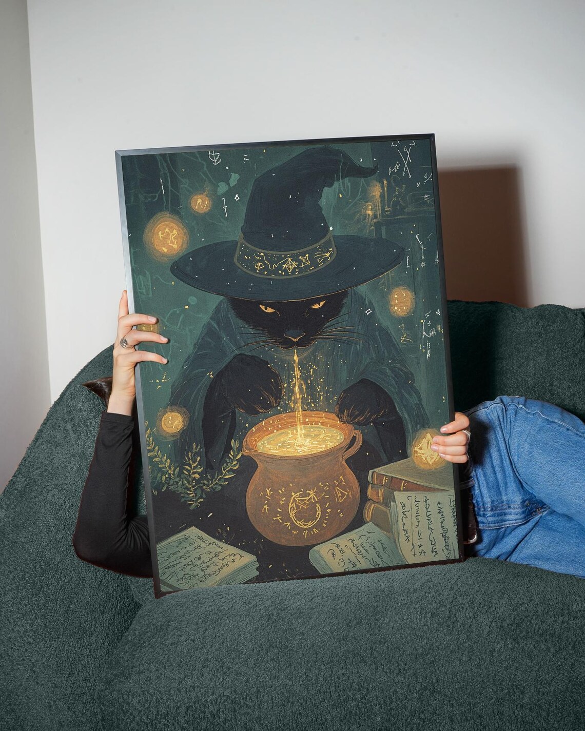 Witch Cat Stirring Golden Cauldron Spell Books Floating Orbs Fantasy Wall Art