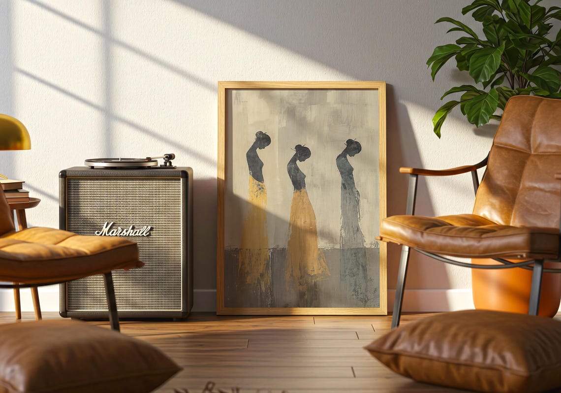 Three Elegant Female Silhouettes in Gold and Grey Minimal Art Poster - Image 2