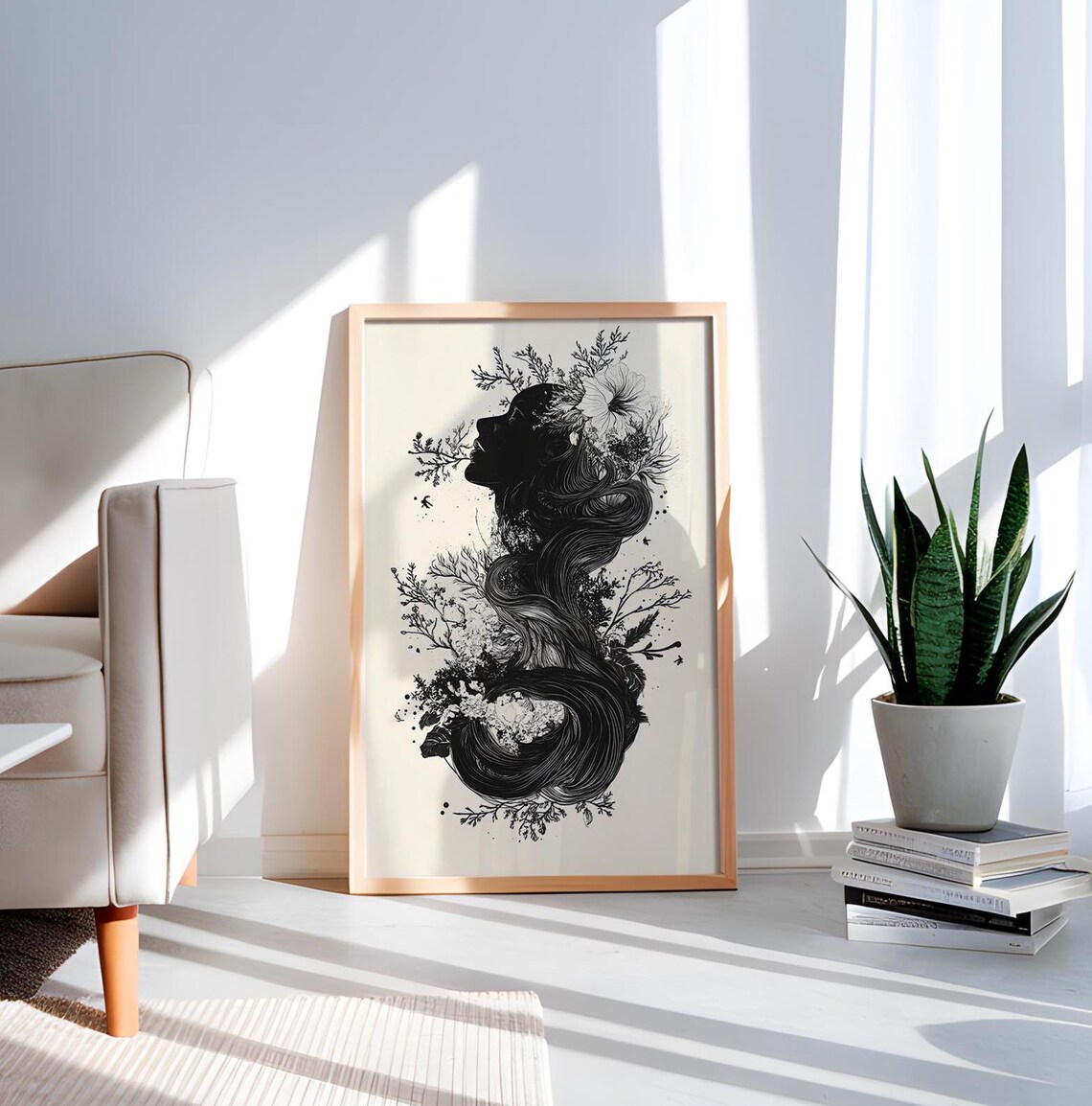 Black White Woman Silhouette Floral Hair Ethereal Nature Art Poster
