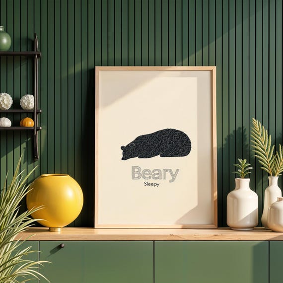 Beary Sleepy Art Print Cute Bear Nursery Poster Minimalist Animal Wall Cozy Bedroom Kids Room Decor