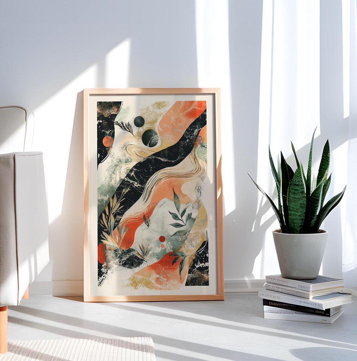 Terracotta Marble Abstract Art Print Botanical Leaves Earthy Decor