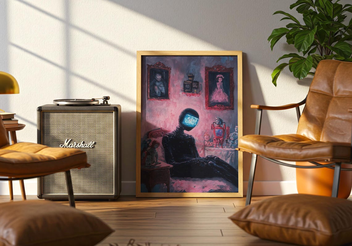 TV Head Robot Figure Vintage Bedroom Pink Retro SciFi Mood Poster - Image 3
