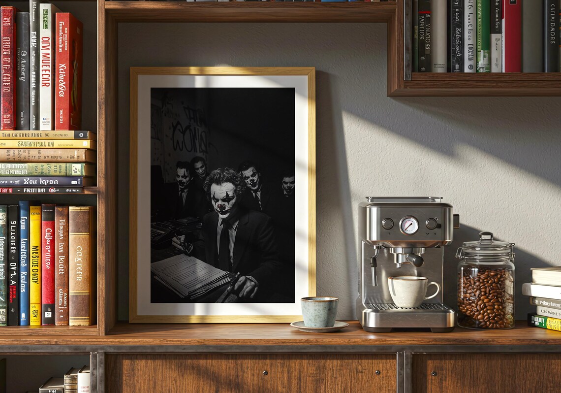 Dark Surreal Clown Businessmen in a Goth Office Meeting Room Poster - Image 4