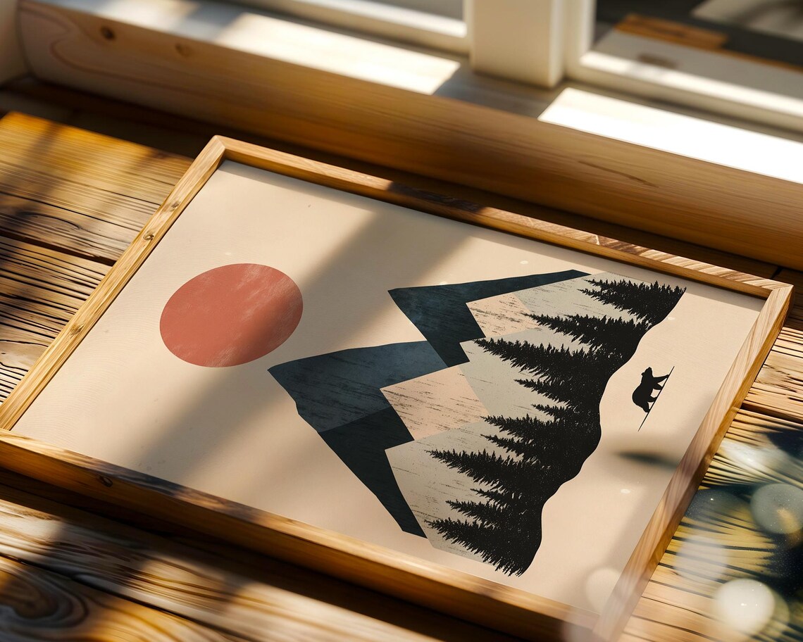 Minimalist Bear Mountain Sunset Geometric Woodland Art Poster - Image 5