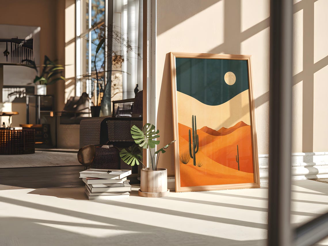Minimalist Orange Dunes Teal Night Moon Modern Desert Poster - Image 2