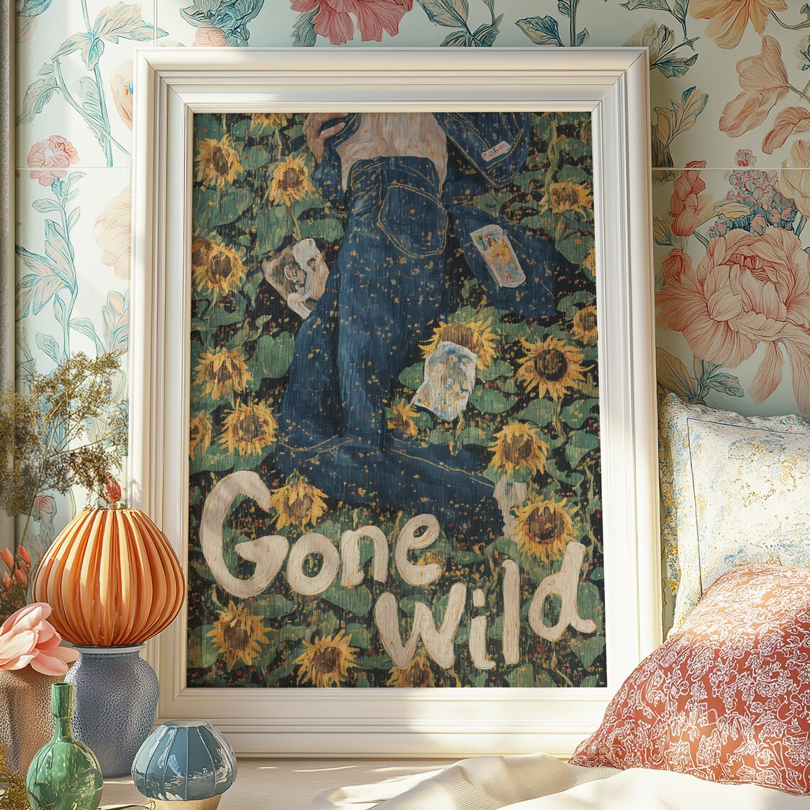 Gone Wild Sunflower Field Denim Girl Vintage Botanical Text Retro Wall Art - Image 5