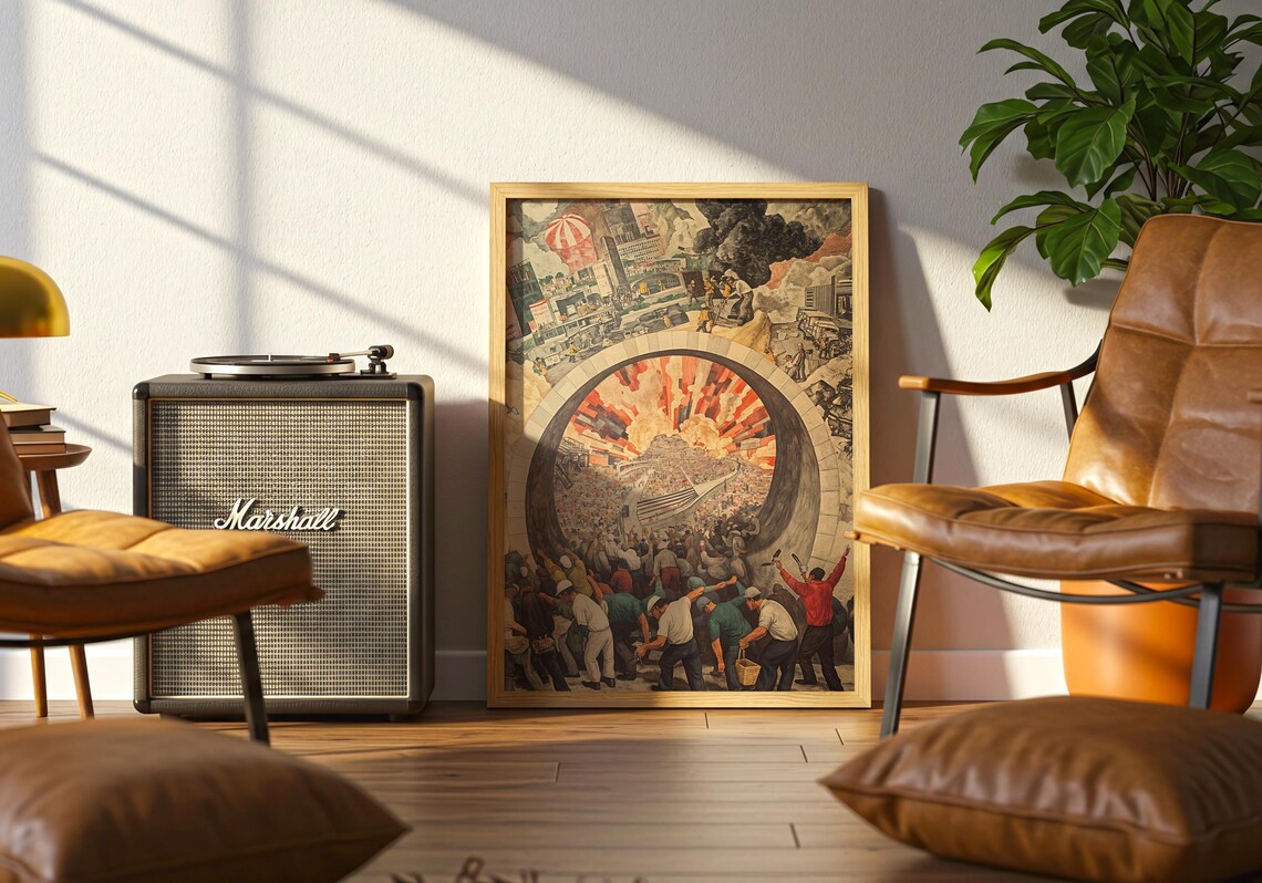 Industrial Workers Revolution Mural Style Labor Crowd Rising Sun Vintage Wall Art - Image 5