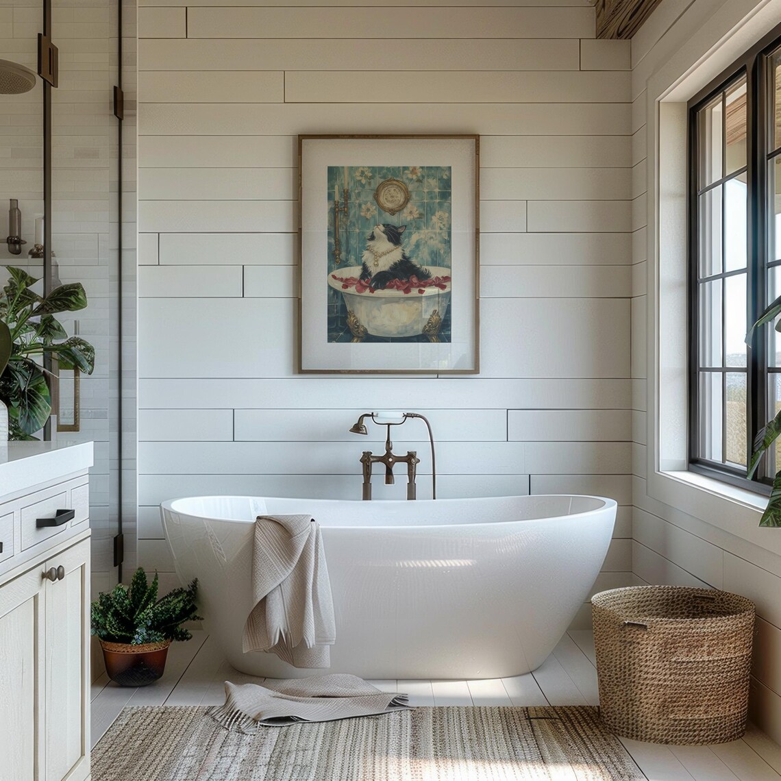 Elegant Cat Bathtub Rose Petals Vintage Funny Bathroom Poster - Image 5