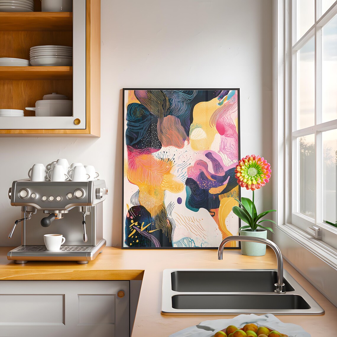 Vibrant Flowing Line Abstract Art Print Navy Pink Yellow Modern - Image 2