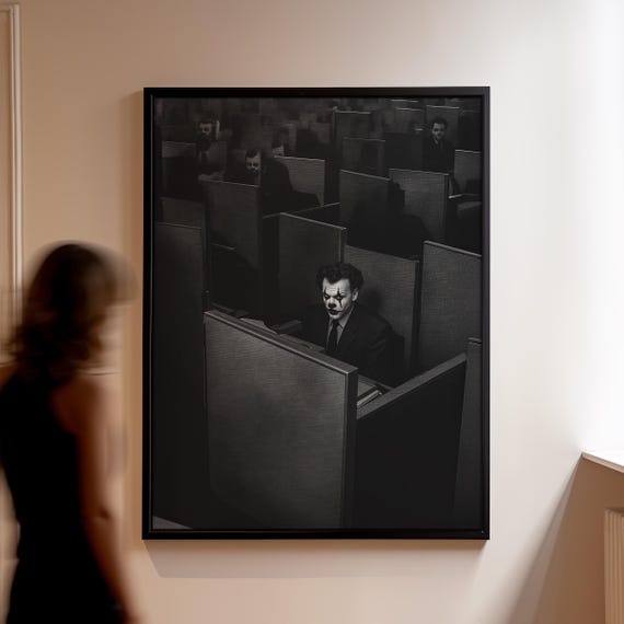 Clown In Office Art Print Gothic Workplace Humor Surreal Cubicle Scene