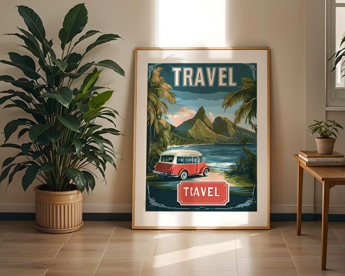 Vintage Travel Island Retro Vacation Tropical Road Trip Art Poster