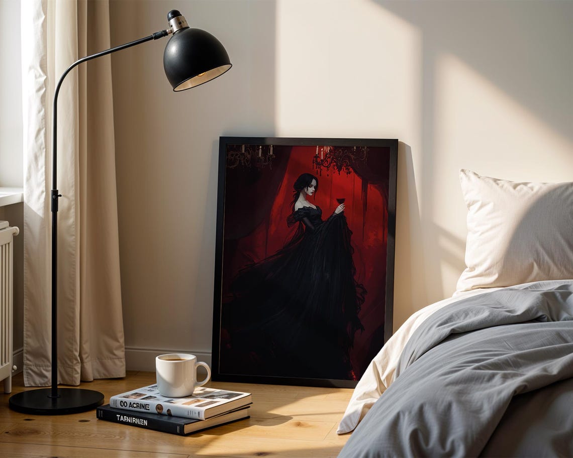 Gothic Lady Black Gown Red Curtain Wine Glass Romance Art Poster - Image 5