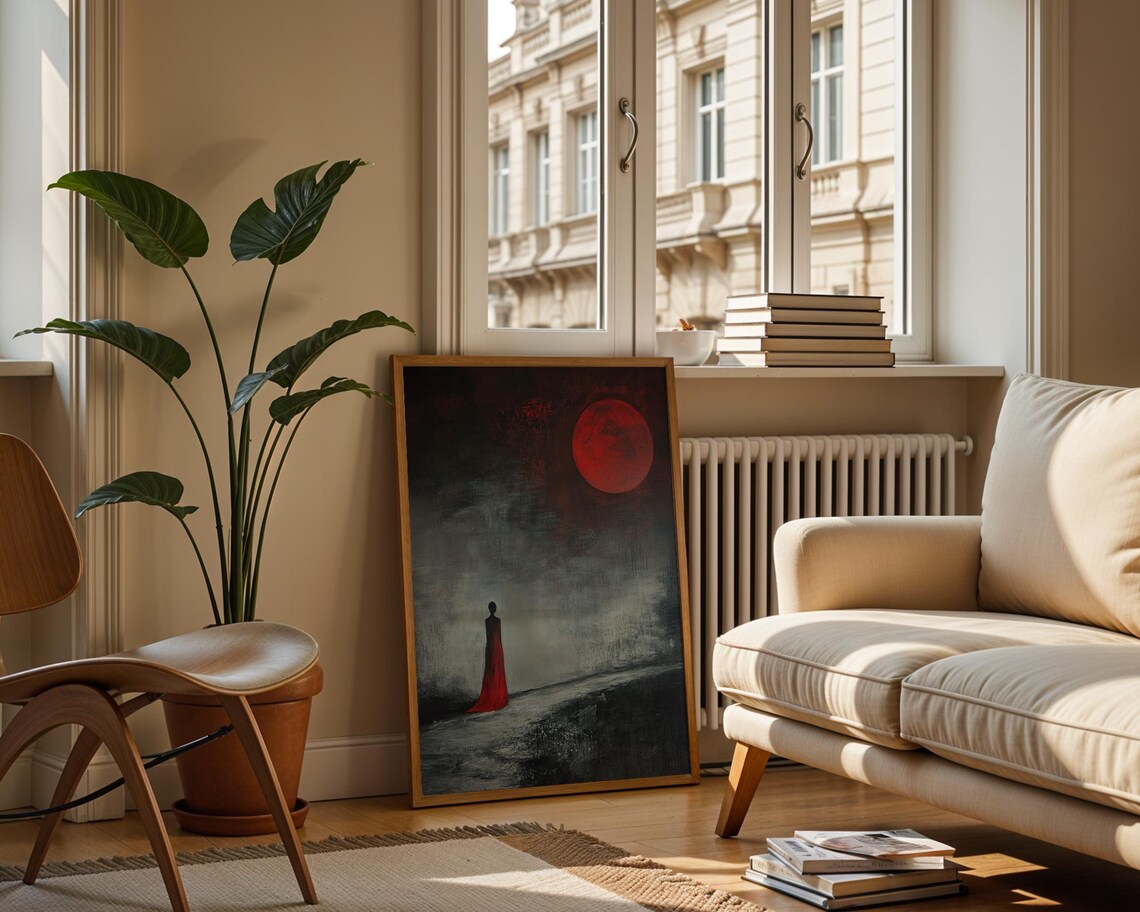 Dark Fantasy Red Moon Gothic Surreal Lonely Woman Art Poster - Image 3