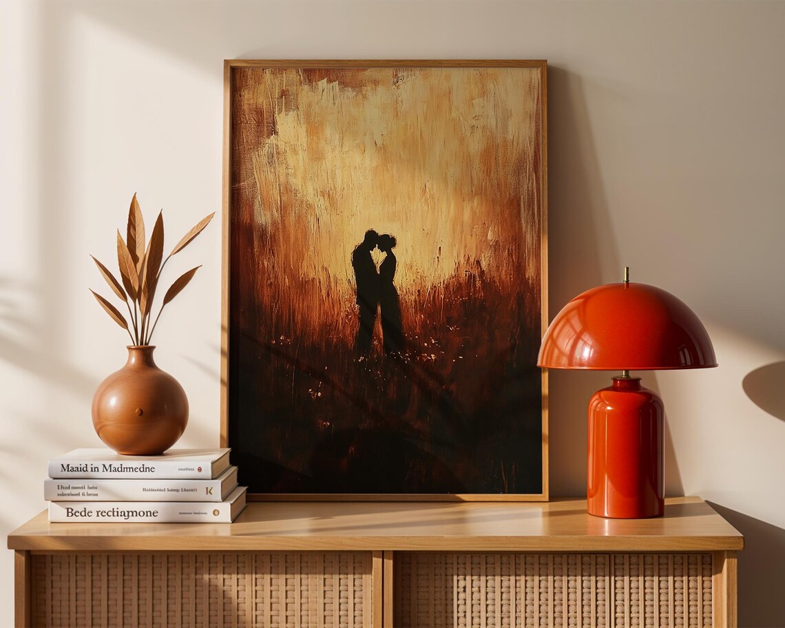Golden Wheat Field Couple Kiss Romantic Sunset Love Wall Poster