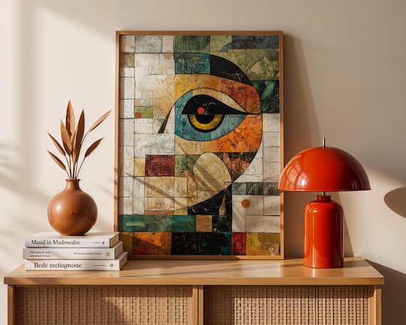 Abstract Eye Art Print Geometric Cubist Wall Modern Boho Vintage Textured Postermidcentury Decor