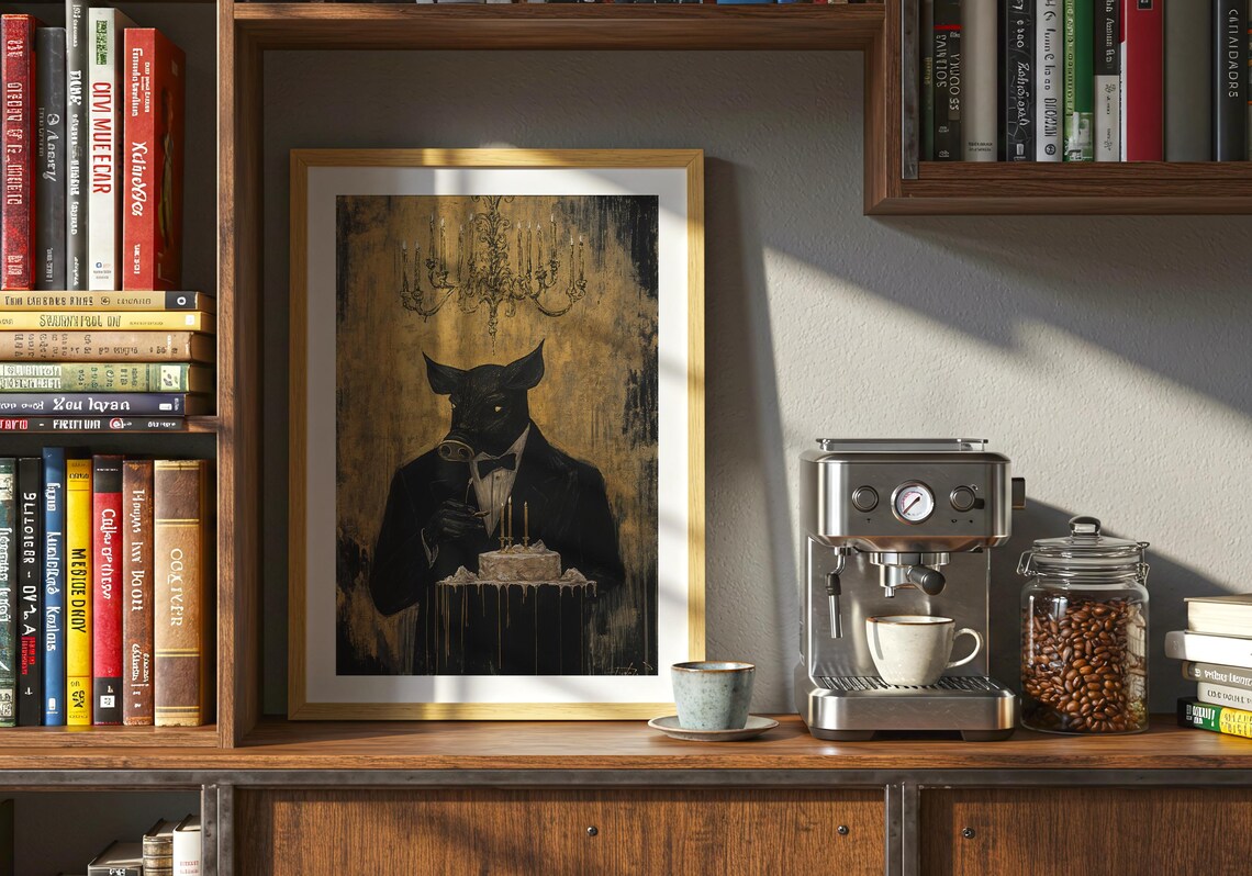 Gothic Pig Gentleman Tuxedo Monocle Cake Gold Vintage Dark Poster - Image 4