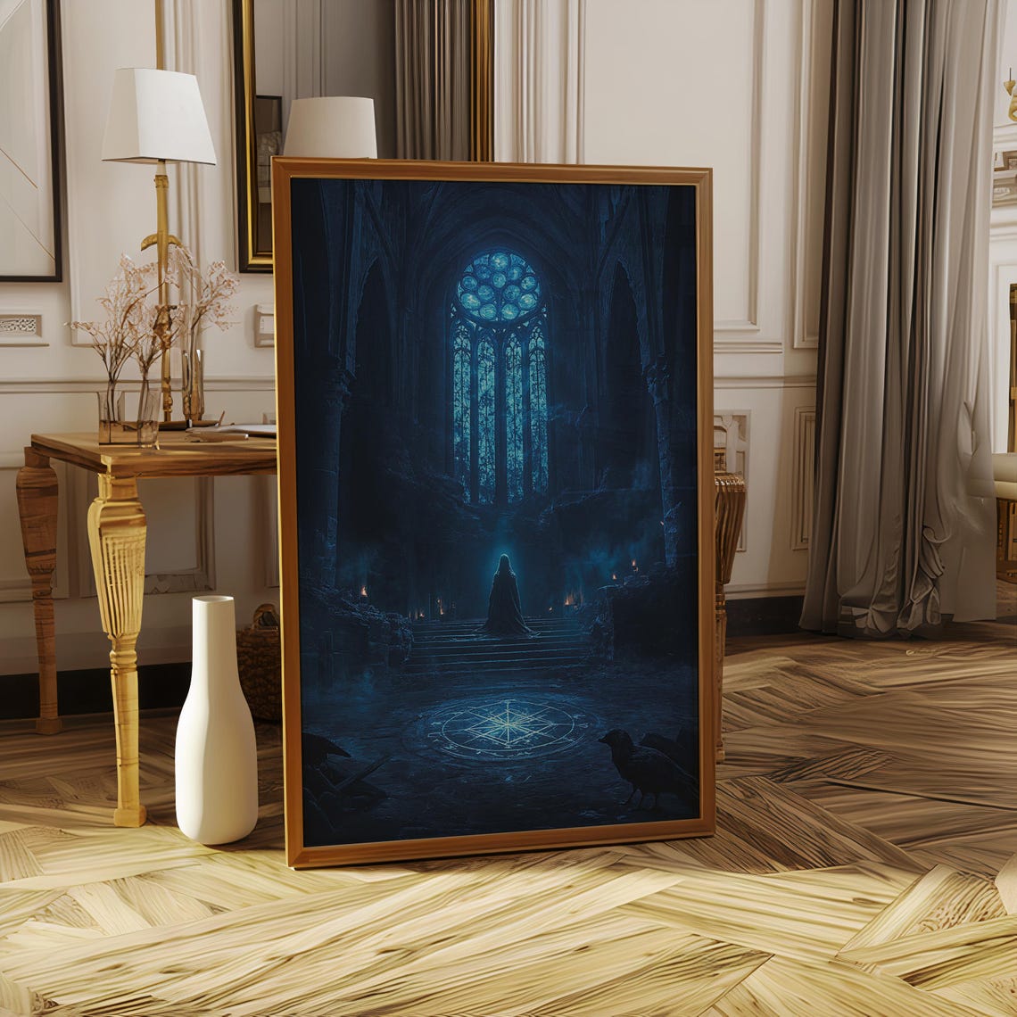 Dark Gothic Cathedral Rose Window Glowing Ritual Fantasy Poster