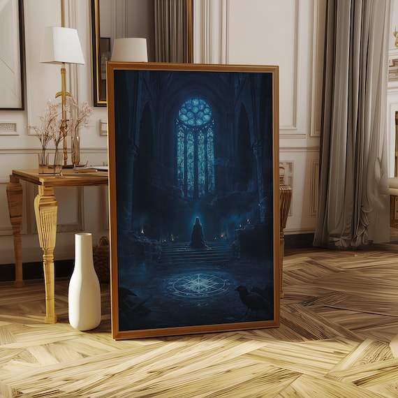 Dark Gothic Cathedral Rose Window Glowing Ritual Fantasy Poster