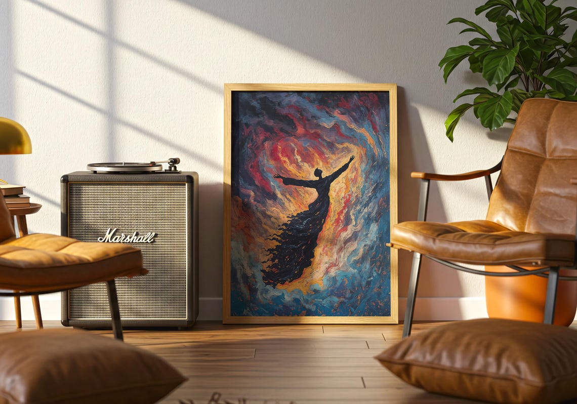 Fiery Silhouette Figure Swirling Red Blue Dramatic Wall Poster - Image 5