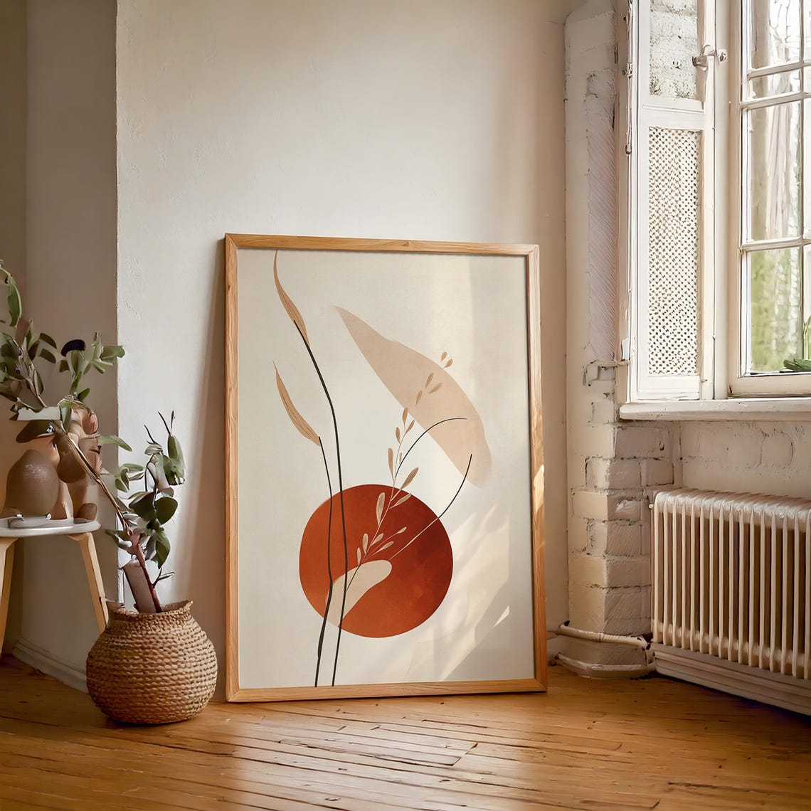 Minimalist Botanical Sun Circle Japandi Boho Earthy Art Print