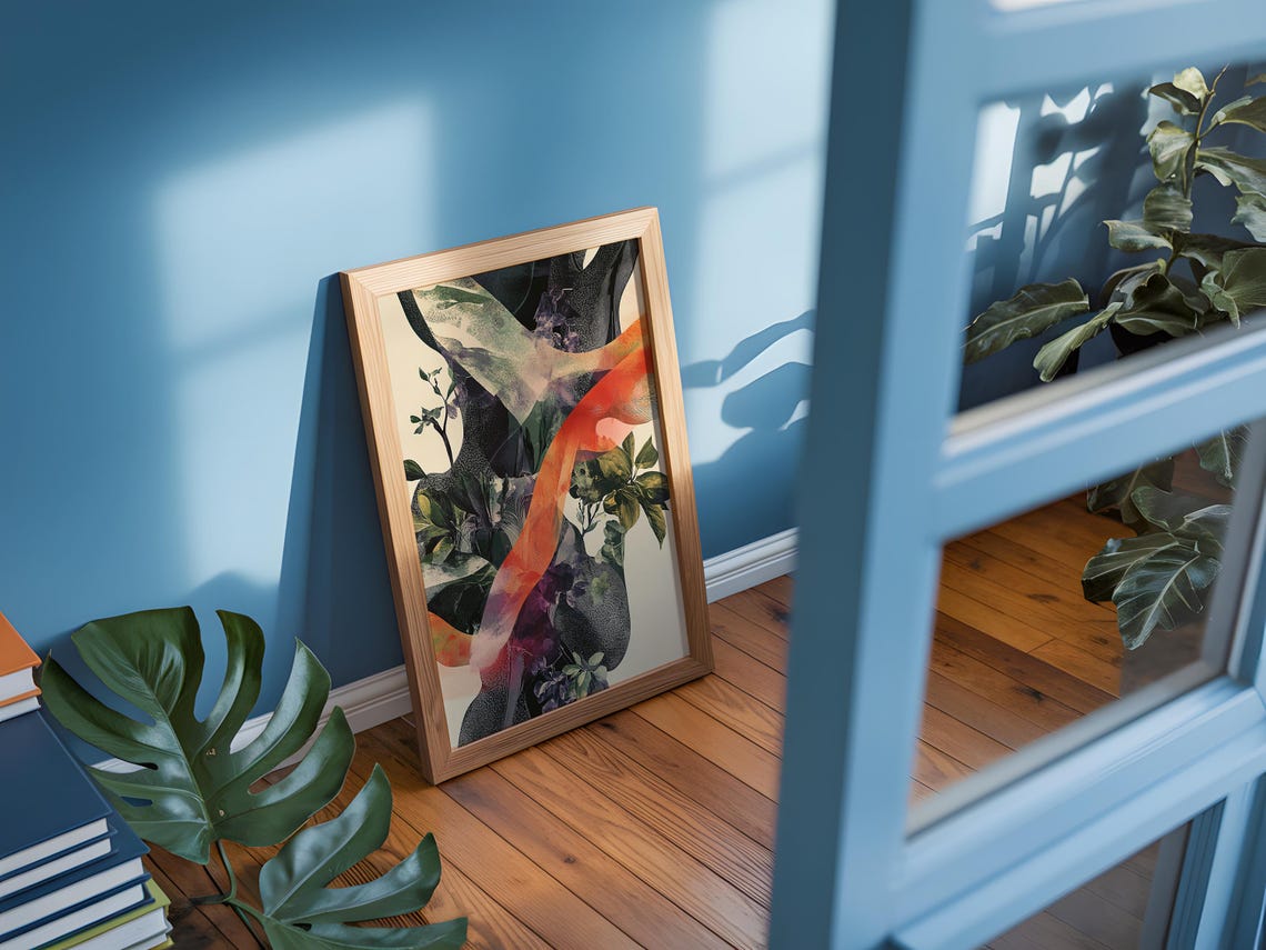 Ethereal Botanical Dark Foliage Orange Ribbon Modern Nature Art Poster - Image 4